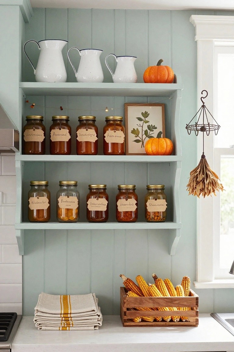 Kitchen open shelves lined with labeled glass jars of colorful preserves, white enamelware pitchers, small pumpkins, and framed artwork, with a hanging basket of dried corn husks and a wooden crate of corn ears on the white countertop below against pale blue paneled walls.