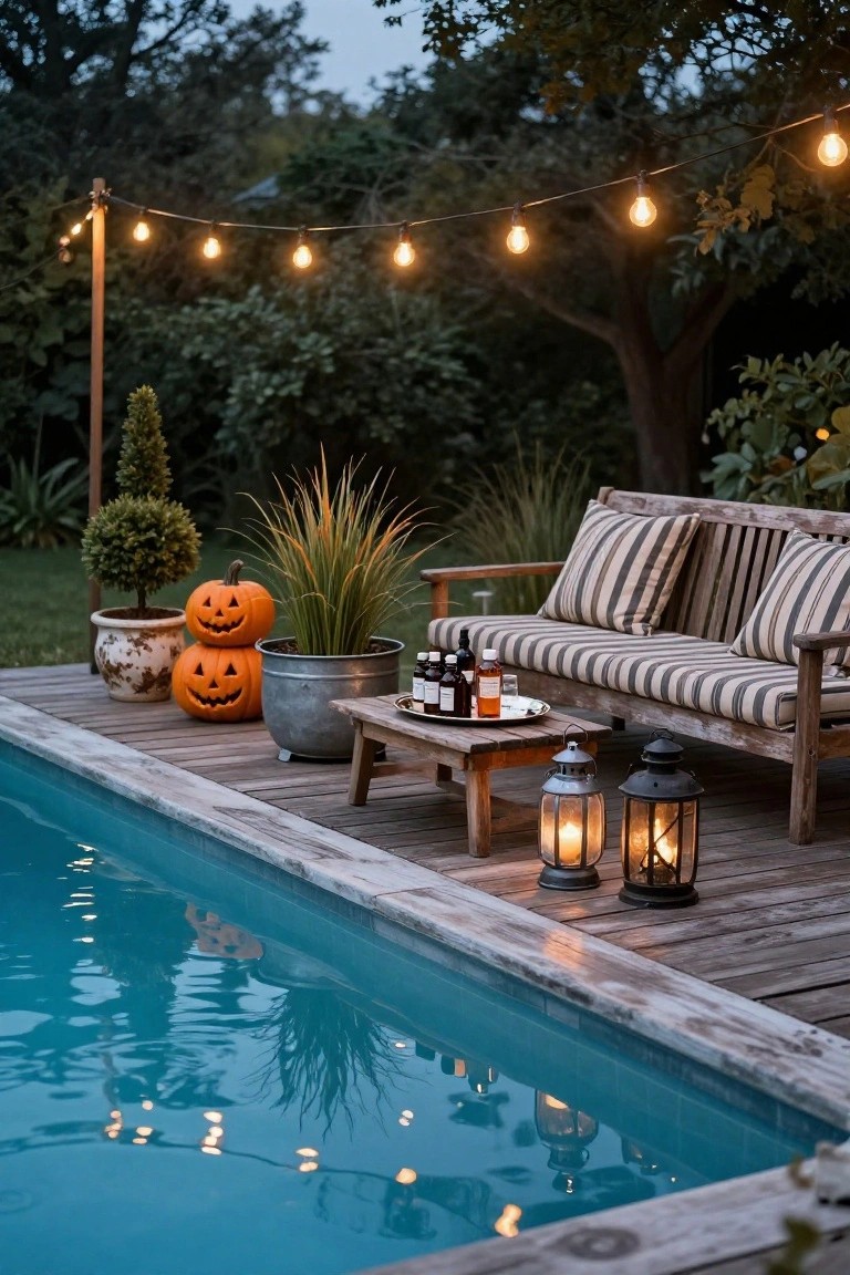 Wooden deck beside a blue swimming pool with striped bench seating, low wooden table holding bottles and glasses, stacked carved pumpkins, potted plants, metal lanterns, and string lights overhead in a garden at dusk.