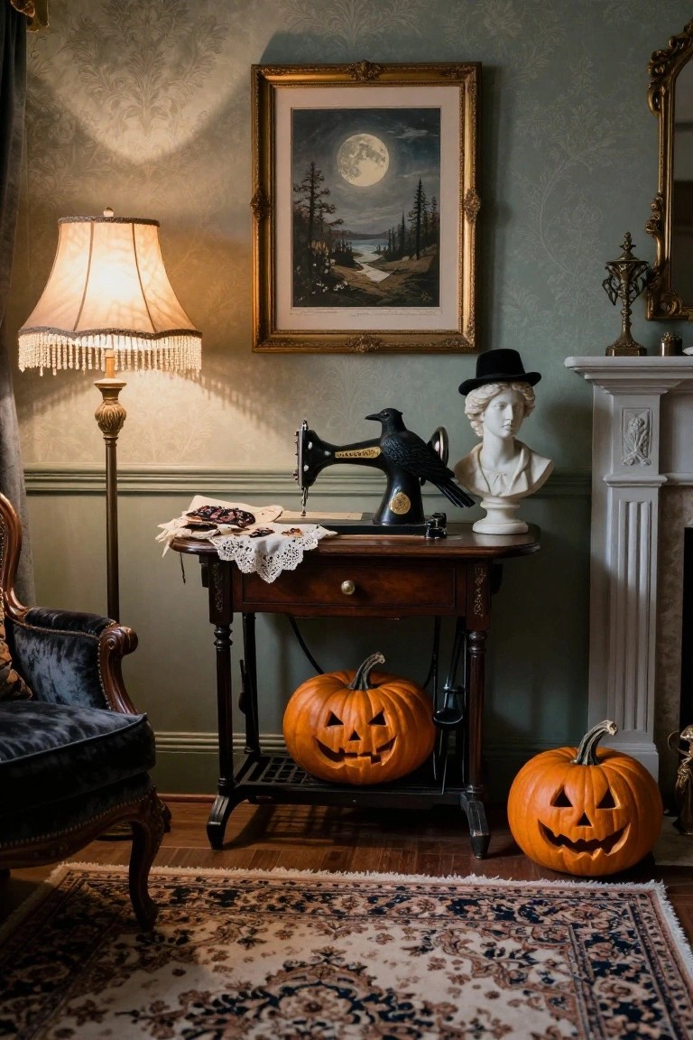 Vintage black treadle sewing machine on a wooden table with carved jack-o-lantern pumpkins, a raven figure, classical bust, and antique lamp in a green-walled interior room.