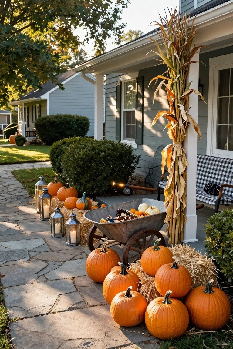 Gray wheelbarrow filled with orange pumpkins, white gourds, and corn ears positioned near porch steps of a light blue house, with cornstalks tied to a white porch post, hay bales, additional pumpkins, and lanterns along a stone pathway.