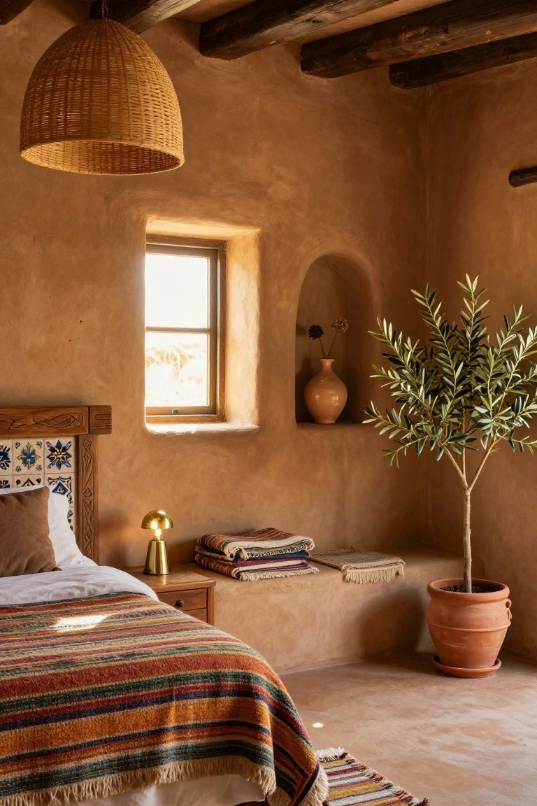 Bedroom with smooth terracotta adobe walls, exposed wooden ceiling beams, a wooden bed frame with colorful striped blanket and pillows, gold lamp on nightstand, olive tree in terracotta pot, and woven pendant light hanging above.