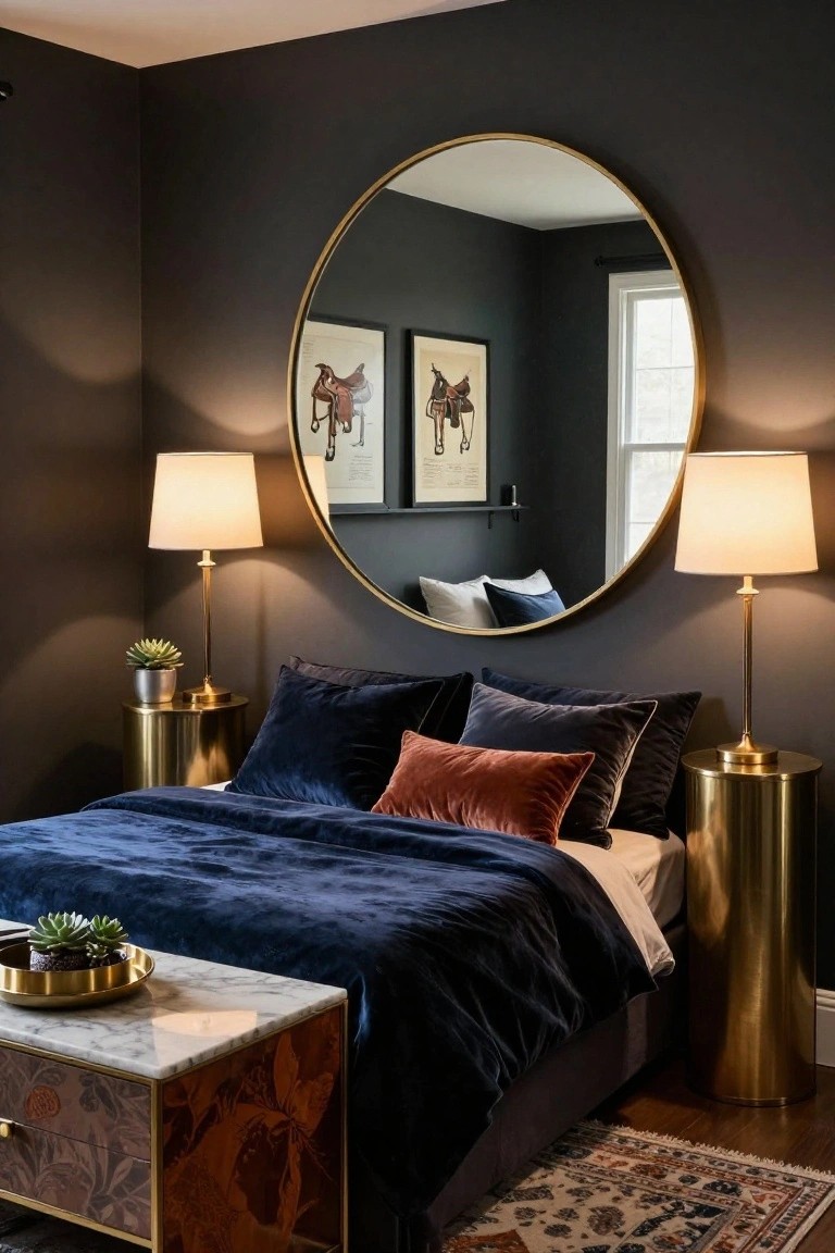 Bedroom with dark gray walls, large round gold-framed mirror above the bed, two brass pedestal nightstands each with a lamp and plant, navy velvet bed with rust pillows, marble-top nightstand at foot, and wood floor with rug.