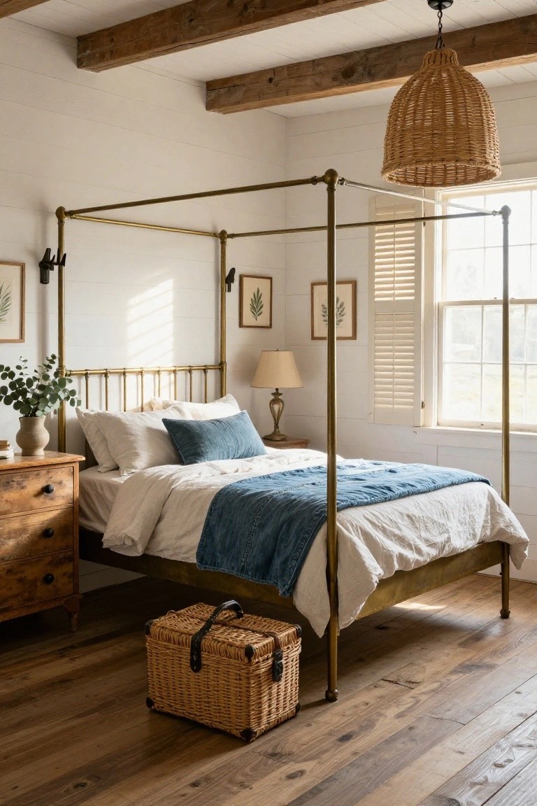 A cozy bedroom with a brass four-poster canopy bed draped in white and blue linens, flanked by a wooden dresser and nightstand, white shiplap walls, exposed wood beams, wicker pendant light, and a window with shutters.