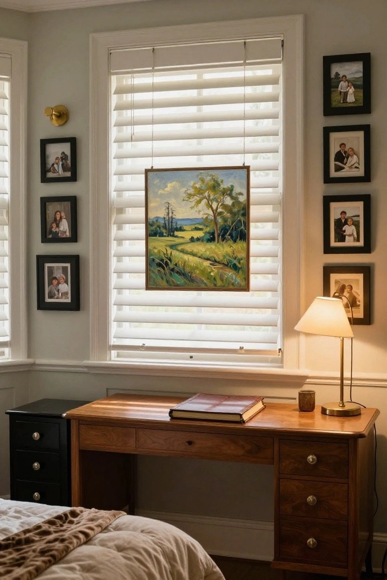 Bedroom corner with wooden desk by a window covered in white blinds, landscape oil painting above the desk, multiple framed family photos on pale green walls, brass lamp, and bed with fur throw in the foreground.