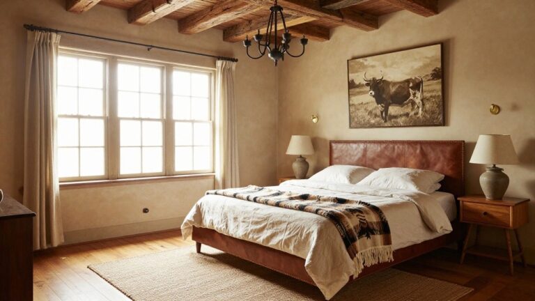 Bedroom with brown leather upholstered platform bed, white bedding with multicolored woven throw blanket, large black-and-white cow painting above the bed, exposed wooden beam ceiling, beige walls, sheer curtains on window, and wooden nightstands with lamps.