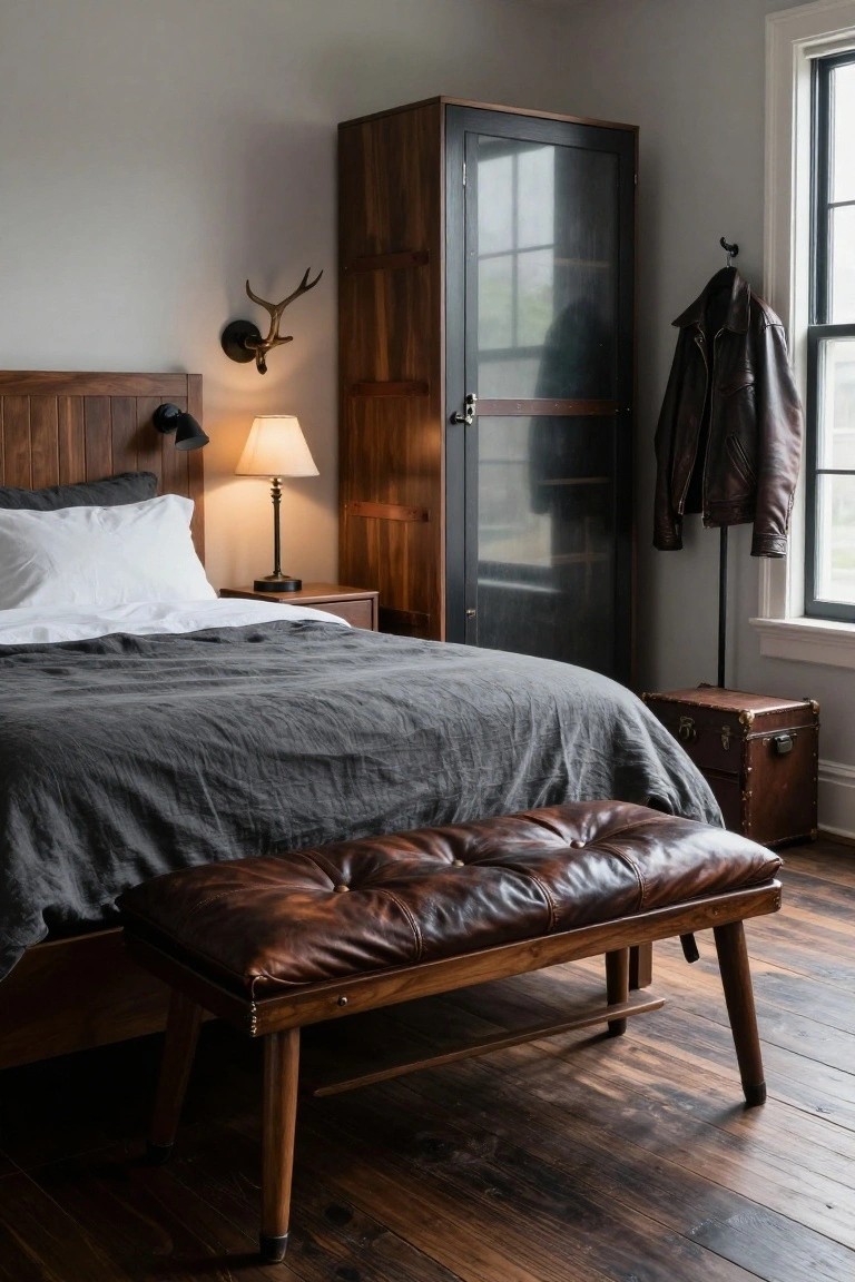Bedroom interior with wooden bed frame and gray linens, tufted brown leather bench at foot, tall wooden armoire with glass doors, wall-mounted deer antlers, leather jacket on hook, trunk side table, and hardwood floors.