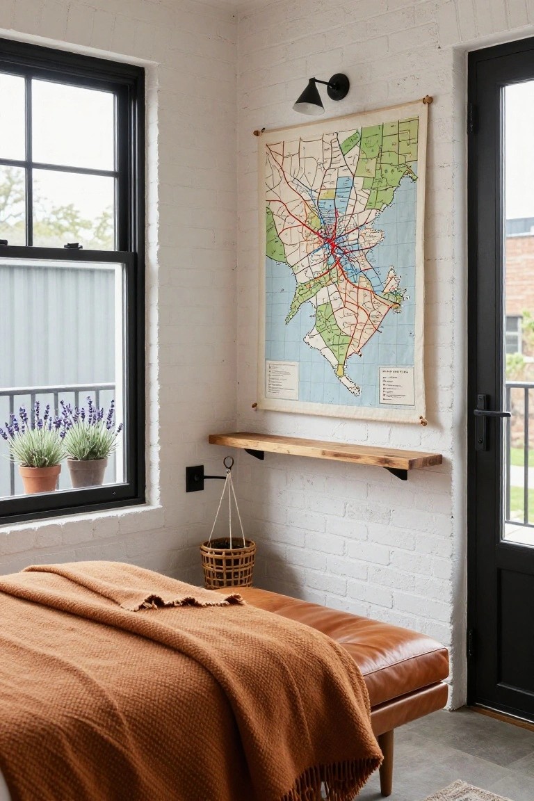 Corner of a white exposed brick room featuring a large hanging vintage map of Massachusetts, wooden wall shelf with basket, leather daybed with orange knit blanket, potted lavender plants on black-framed windowsill, and black door to balcony.