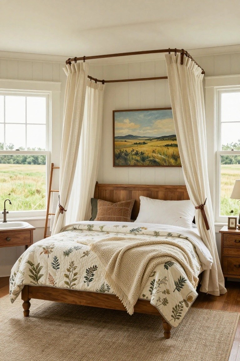 A bedroom with a wooden four-poster bed draped in sheer white curtains, neutral botanical-patterned bedding and throw, wooden nightstands, white shiplap walls, and large windows overlooking green fields.
