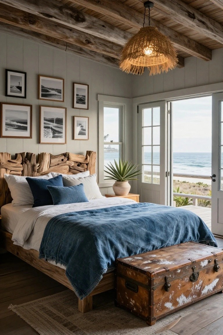 Bedroom interior featuring a headboard of twisted natural wood slabs against light gray shiplap walls, a bed with white sheets blue pillows and throw, nightstand with potted agave, woven pendant light, black-and-white photos on walls, and open French doors overlooking ocean and dunes.