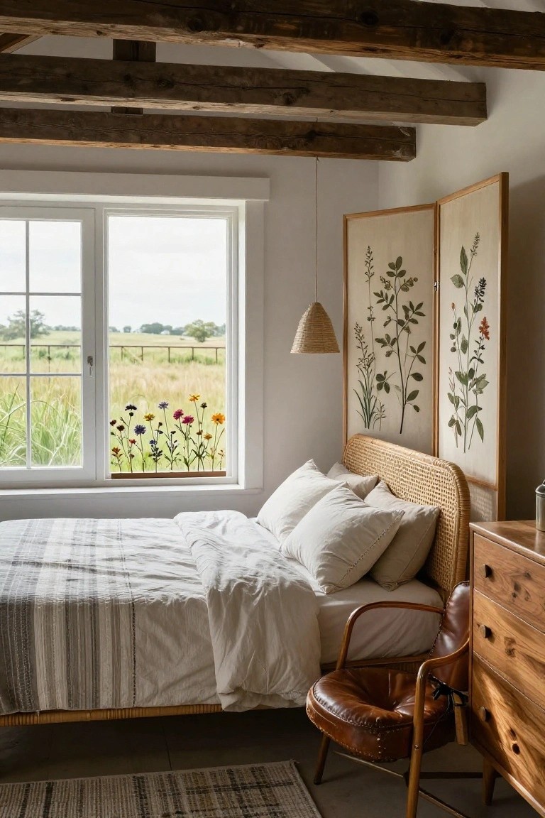 Bedroom with dark exposed wooden ceiling beams, white walls, rattan bed and headboard with white linens, folding screens featuring botanical prints behind the bed, large window overlooking green fields with flower decals on glass, seagrass pendant lamp, brown leather armchair, and wooden dresser on light wood floor.
