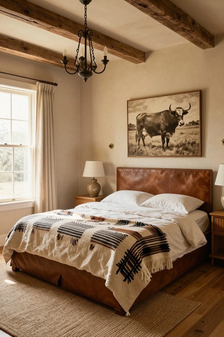 Bedroom with brown leather upholstered platform bed, white bedding with multicolored woven throw blanket, large black-and-white cow painting above the bed, exposed wooden beam ceiling, beige walls, sheer curtains on window, and wooden nightstands with lamps.