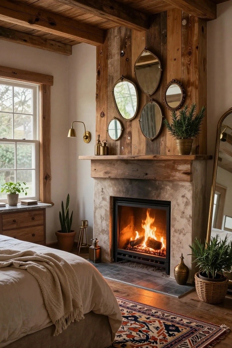 Bedroom with white walls, wooden beams and paneling, a lit stone fireplace under a wooden mantel, assorted gold-framed mirrors mounted on the wood wall above, bed with beige linens and throw, plants, and brass decor.