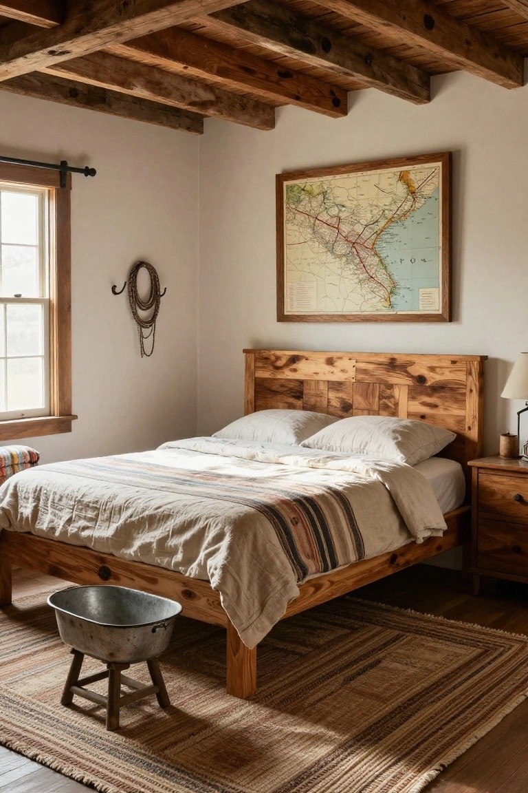 Rustic bedroom interior with exposed wooden ceiling beams, a wooden platform bed featuring a paneled plank headboard, white bedding with plaid blanket, framed vintage map on wall, coiled lasso decoration, lamp on wooden nightstand, and galvanized metal tub on wooden stool beside braided rug.