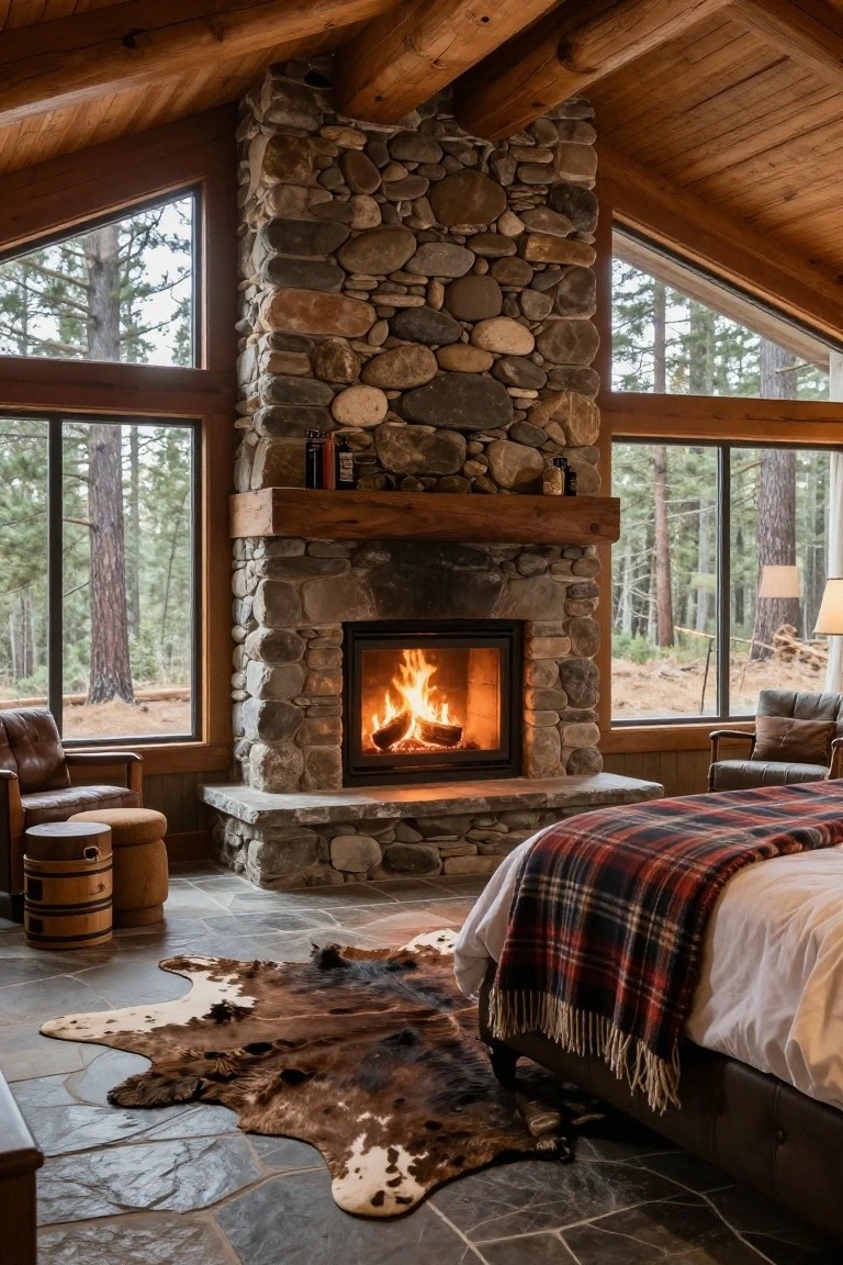 Log cabin bedroom interior with tall stone fireplace centered against large triangular and rectangular windows overlooking pine forest, plaid bed with throw, leather chairs, cowhide rug, and wood floors.
