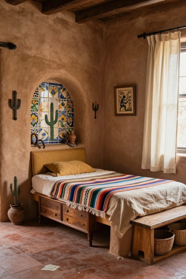 Cozy single bedroom in adobe walls with wooden bed covered by multicolored serape blanket, arched tiled window niche featuring cactus motif, potted cacti, and wooden bench with baskets.