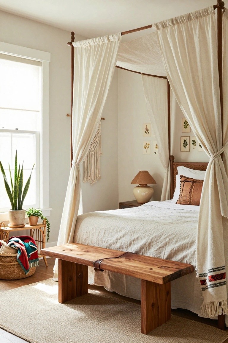 Bedroom with a wooden four-poster canopy bed draped in white sheer curtains, a wooden bench at the foot of the bed, potted plants on a side table, woven wall hanging, and neutral walls and rug.