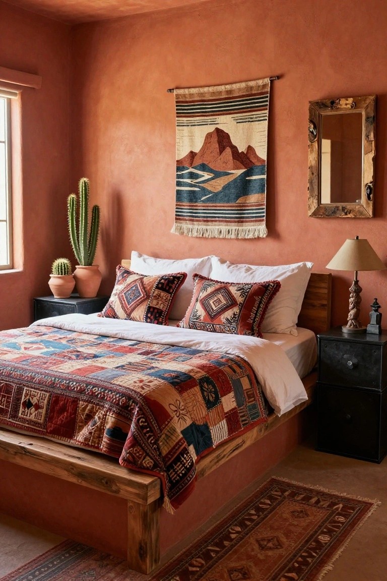 Bedroom with textured terracotta walls, low wooden platform bed covered in multicolored patchwork quilt and patterned pillows, two potted cacti, woven tapestry wall hanging depicting mountains, rustic mirror, lamp on black nightstand, and woven rug on floor.