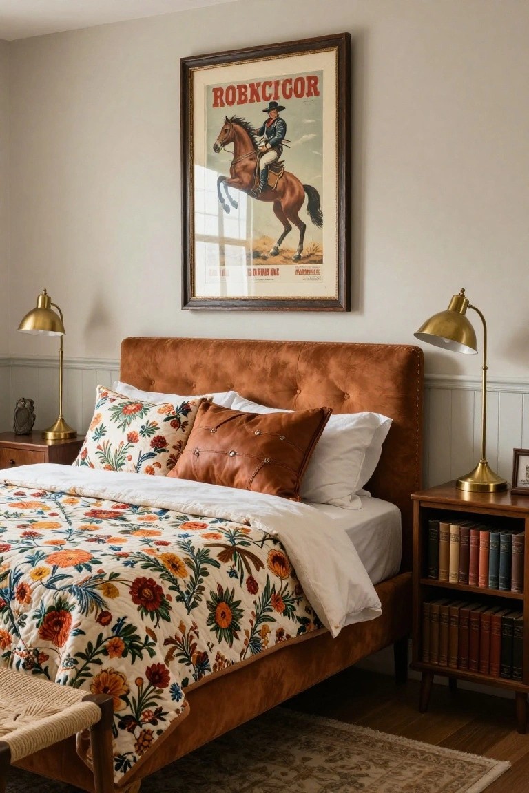 A bedroom with a large framed vintage Robincigor poster of a cowboy on a rearing horse above a tufted terracotta velvet headboard, brass adjustable lamps on wooden nightstands with bookshelves, a colorful floral quilt on the bed, and a woven chair nearby.