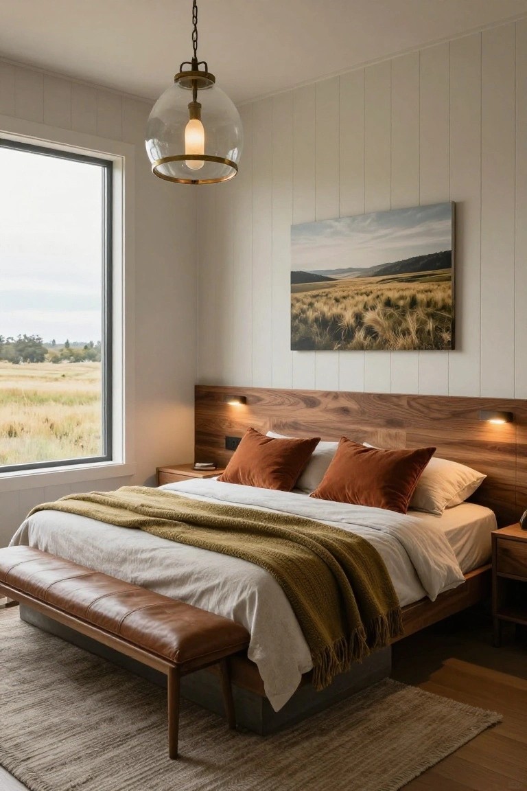 Bedroom interior with a platform bed featuring dark walnut headboard and integrated wall sconces, rust velvet pillows, white bedding with mustard knit throw, brown leather bench at foot, large window showing grassy fields, landscape painting on white vertical board walls, glass globe pendant light, and hardwood floors with seagrass rug.