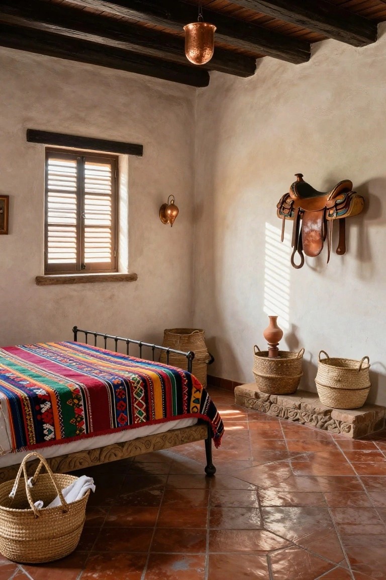 Rustic bedroom interior with whitewashed adobe walls, exposed wooden beams, copper hanging lantern, mounted leather saddle on wall, iron bed with colorful striped blanket, woven baskets, and terracotta tile floors.
