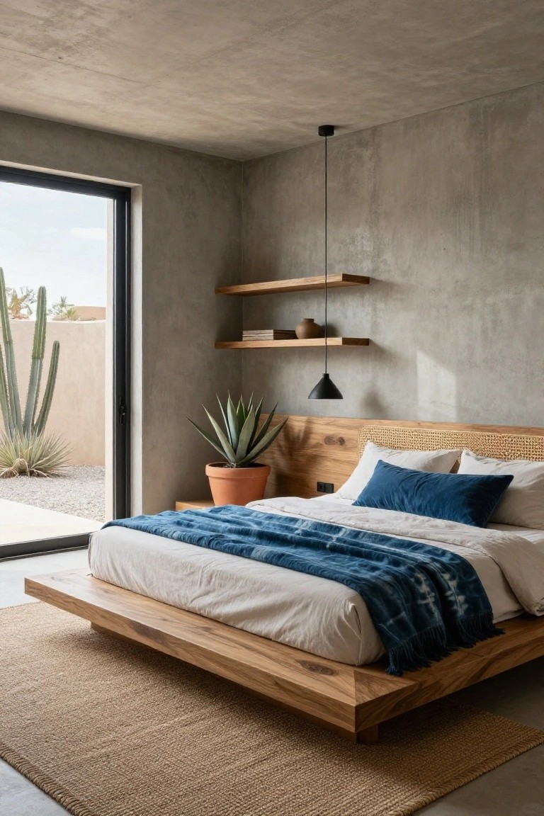 Minimalist bedroom interior with exposed concrete walls and ceiling, low wooden platform bed with rattan headboard and blue throw blanket, agave plant in terracotta pot on wooden nightstand, wooden floating shelves, black pendant light, and glass door to outdoor desert view with cacti.