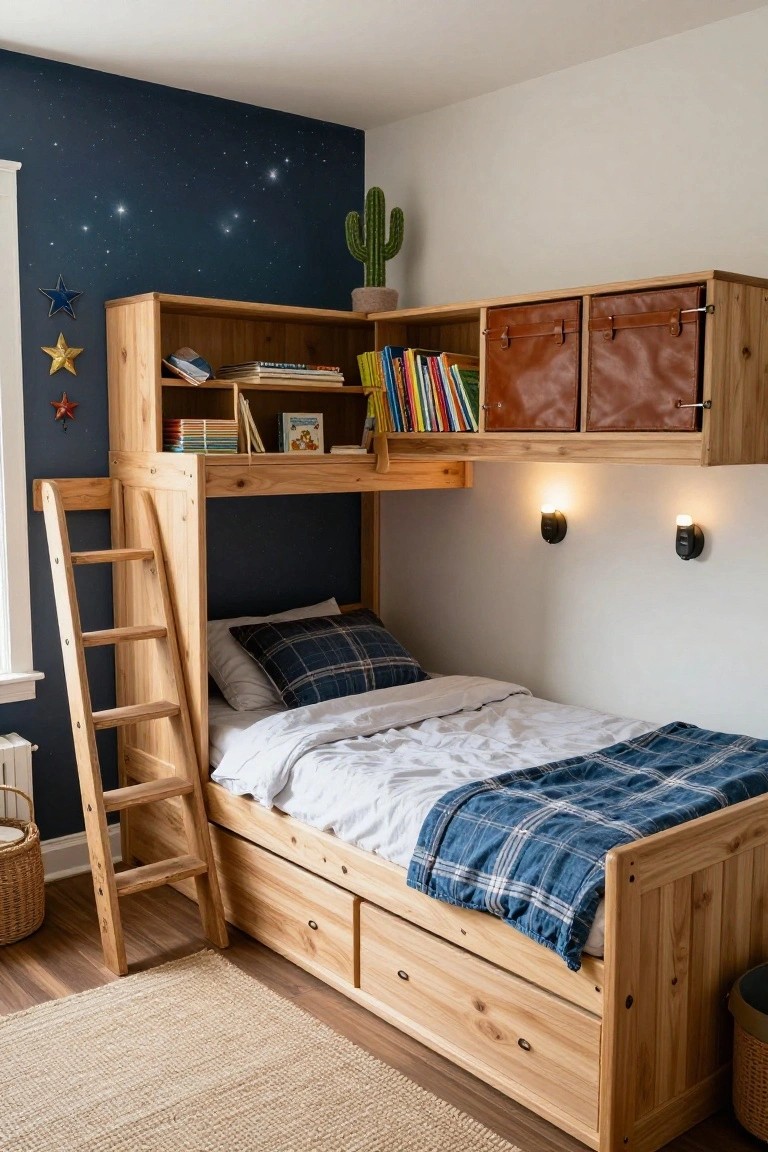 Wooden loft bunk bed with ladder, upper shelving unit, lower drawers, and bedding in a bedroom with navy star-painted wall, cactus plant, wall lights, and woven baskets on the floor.