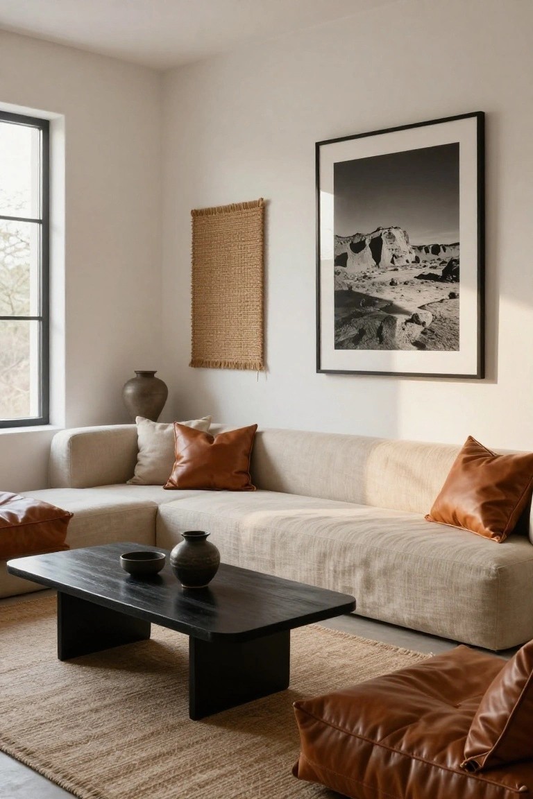 A beige L-shaped sofa with white and tan leather pillows in a minimalist living room, black wood coffee table with ceramic vases, seagrass rug, woven wall hanging, tall brown vase, and large black-and-white photo of desert rock formations beside a black-framed window.