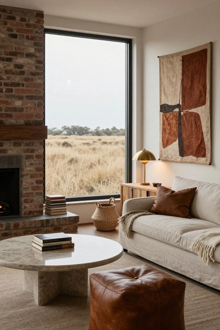 Living room with exposed brick fireplace wall, large window framing grassy landscape, light linen sofa with cushions and throw blanket, round marble coffee table holding books, brown leather cube ottoman, wood side table with gold lamp, and large abstract wall hanging.