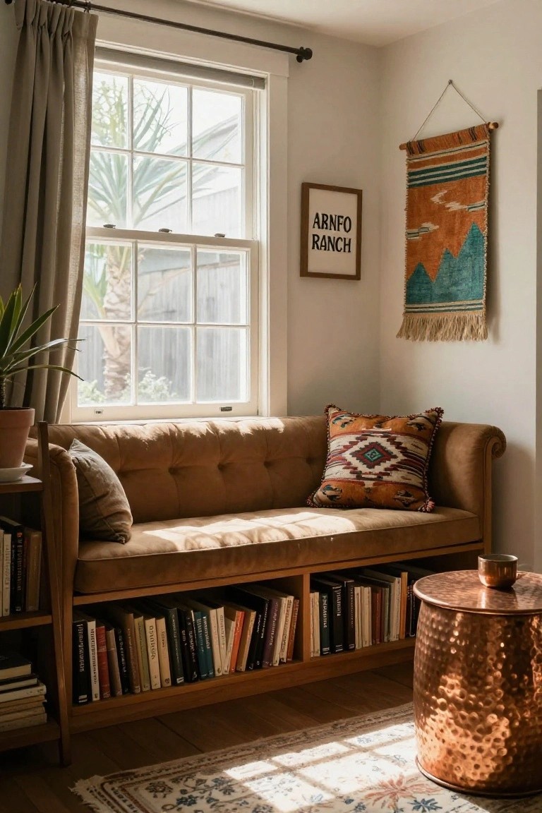 Sunlit indoor corner with a tan tufted bench featuring built-in wooden bookshelves underneath, Western-style patterned pillows, a potted plant, books, copper stool, and hanging tapestry near a large window.