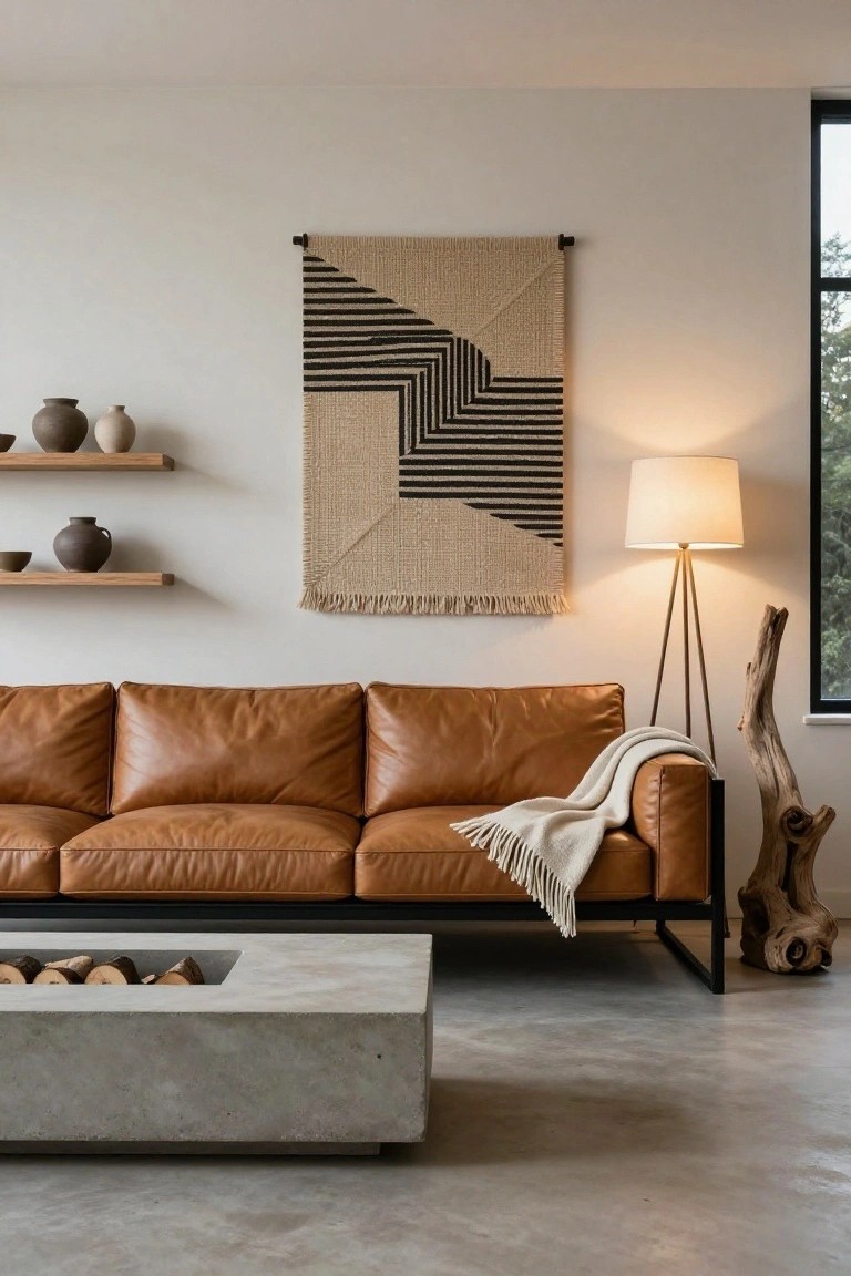 Modern living room with tan leather three-seater sofa on black metal frame, white throw blanket, gray concrete rectangular coffee table containing a linear fire pit with wood logs, woven beige and black wall hanging, wooden shelves with pottery, tripod floor lamp, driftwood sculpture, and large window on polished concrete floor.