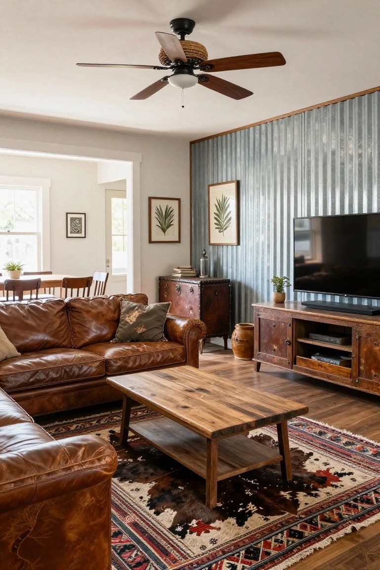 Living room with brown leather L-shaped sectional sofa, wooden coffee table and media console with TV, cowhide rug over Persian-style area rug, against a vertical corrugated metal accent wall in blue-gray, wood ceiling fan overhead, and plants on shelves.