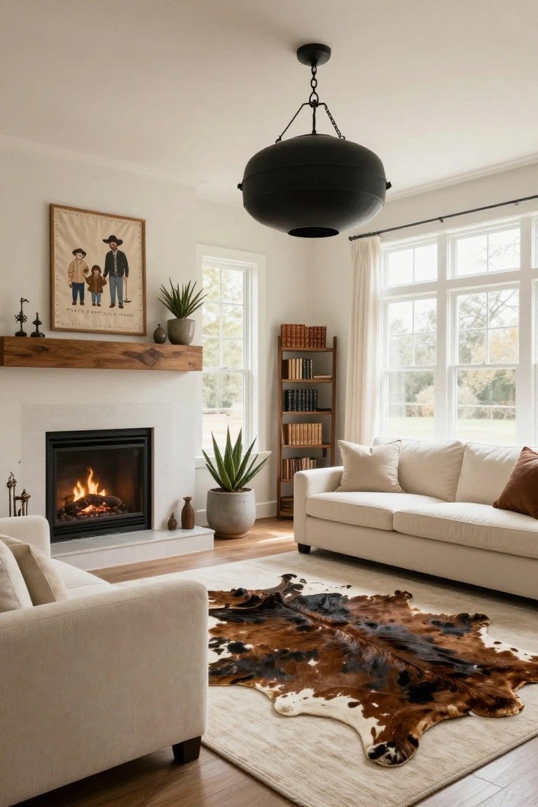 Bright living room with white sofas on a large brown-and-white cowhide rug, white brick gas fireplace under a rustic wood mantel, potted plants, bookshelves, a Western family portrait on the wall, black pendant light, and large windows showing trees outside.