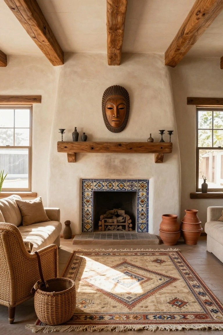 Southwestern-style living room interior with exposed wooden ceiling beams, beige adobe walls, colorful tiled fireplace with wooden mantel and wooden mask sculpture above, rattan furniture, pottery, and a patterned rug on wood floor.