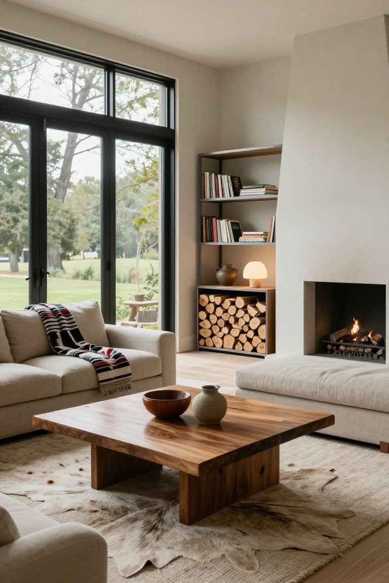 Modern living room featuring beige modular sofas with a striped wool throw, chunky wooden coffee table, burning fireplace, adjacent black metal firewood rack stacked with logs, bookshelves, large black-framed sliding doors to outdoor trees and lawn, neutral walls and shearling rug.