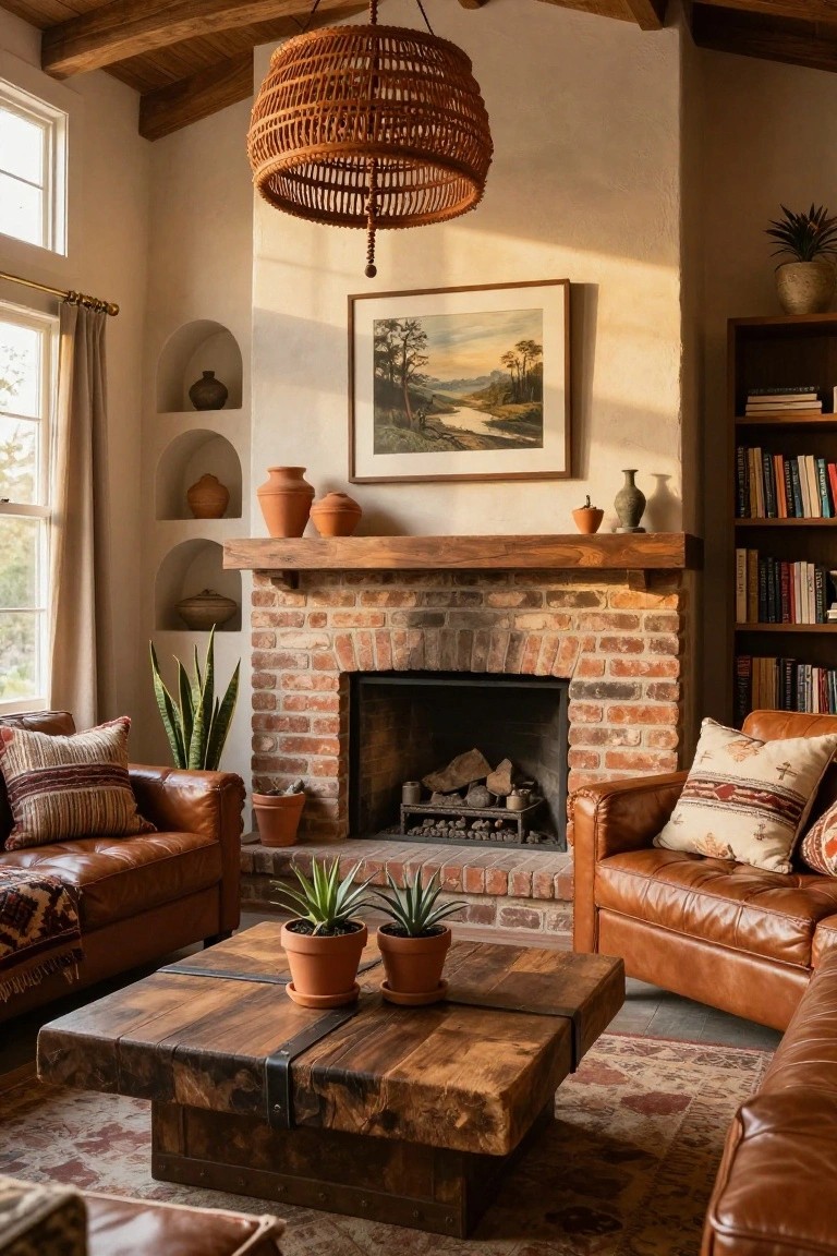 A cozy living room with a rustic brick fireplace, wooden mantel, leather armchairs, wooden coffee table, potted plants, built-in shelves with pottery, and large windows.