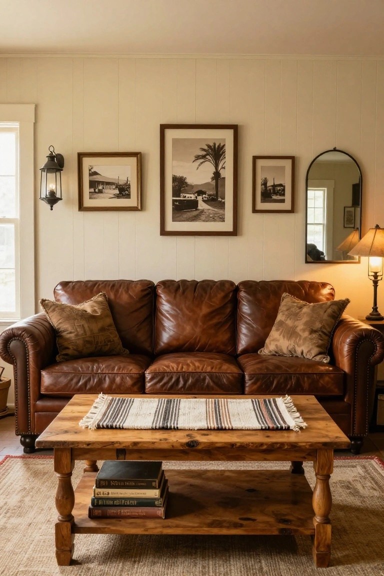 A cozy living room interior with a brown tufted leather three-seat sofa, beige pillows, rustic wooden coffee table holding stacked books and a striped runner, black-and-white framed landscape photos on shiplap walls, wall sconce, table lamp, and oval mirror.