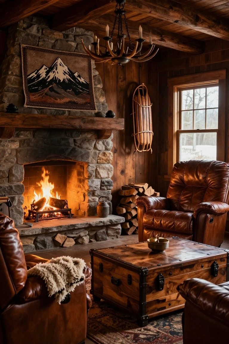 Wooden cabin living room with large stone fireplace burning firewood, leather recliner chairs, wooden trunk coffee table, stack of logs, snowshoes on wall, and window showing snowy trees outside.