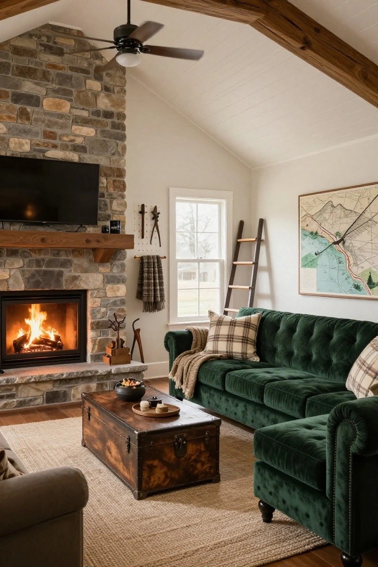 Living room with stacked stone fireplace containing a fire, mounted TV above mantel, tufted emerald green velvet L-shaped sofa, wooden trunk coffee table, plaid pillows and throw, wooden ladder against wall, and exposed beam ceiling with ceiling fan.