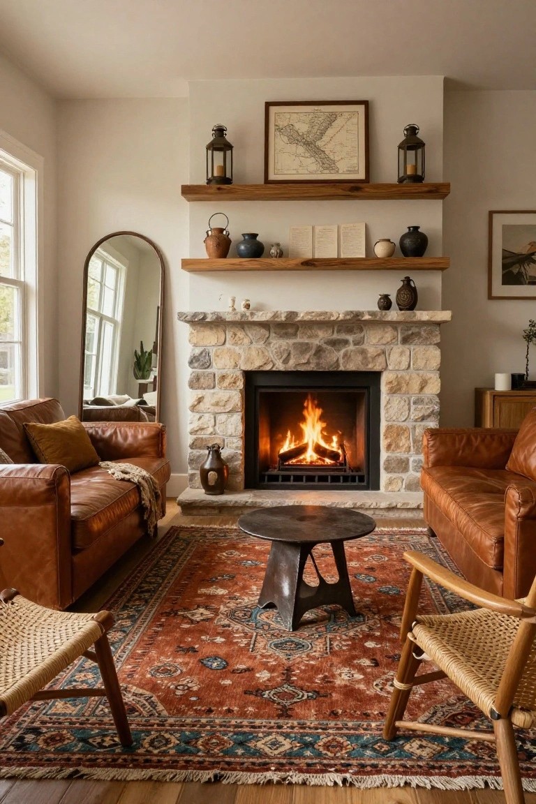 Rustic Stone Fireplace Setup
