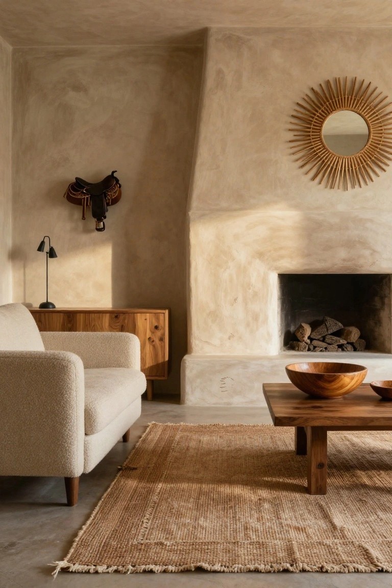 A cozy living room with beige textured plaster walls, a light beige bouclé armchair, low wooden coffee table holding wooden bowls, wooden credenza with black desk lamp, rattan sunburst mirror, mounted leather saddle, and fireplace with logs.