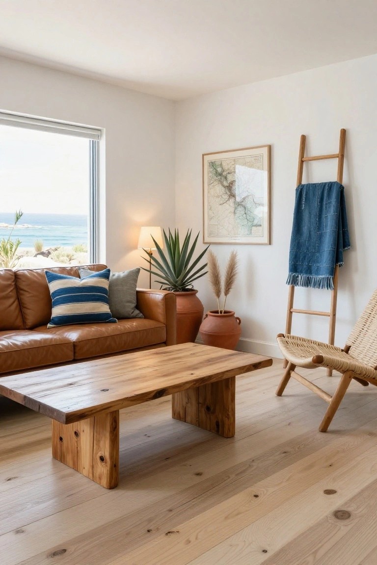 Bright white living room featuring tan leather sofa, large wooden coffee table, rattan chair, potted plants, ladder with blue blanket, and ocean view through window.