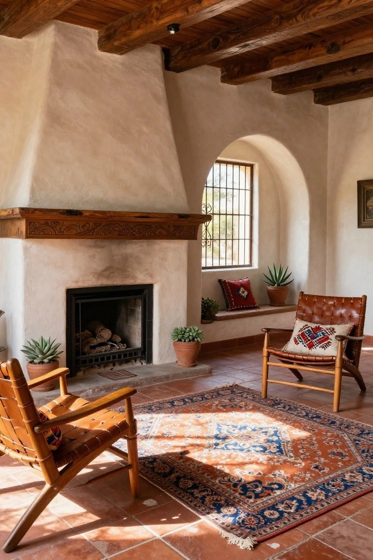 Adobe-style living room interior with a tall plaster fireplace and carved wooden mantel, two tan leather sling chairs with embroidered pillows on a colorful Persian rug, exposed dark wooden ceiling beams, terracotta tile floor, and potted succulent plants.