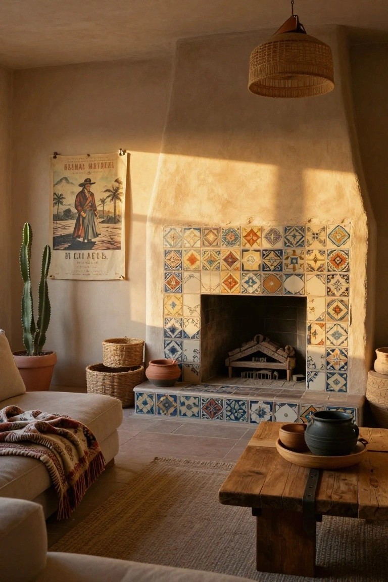 Living room with beige adobe walls, fireplace surrounded by colorful patterned tiles in blues oranges and whites, beige sofa with throw, wooden coffee table with pottery, potted cacti, woven baskets, and vintage poster.