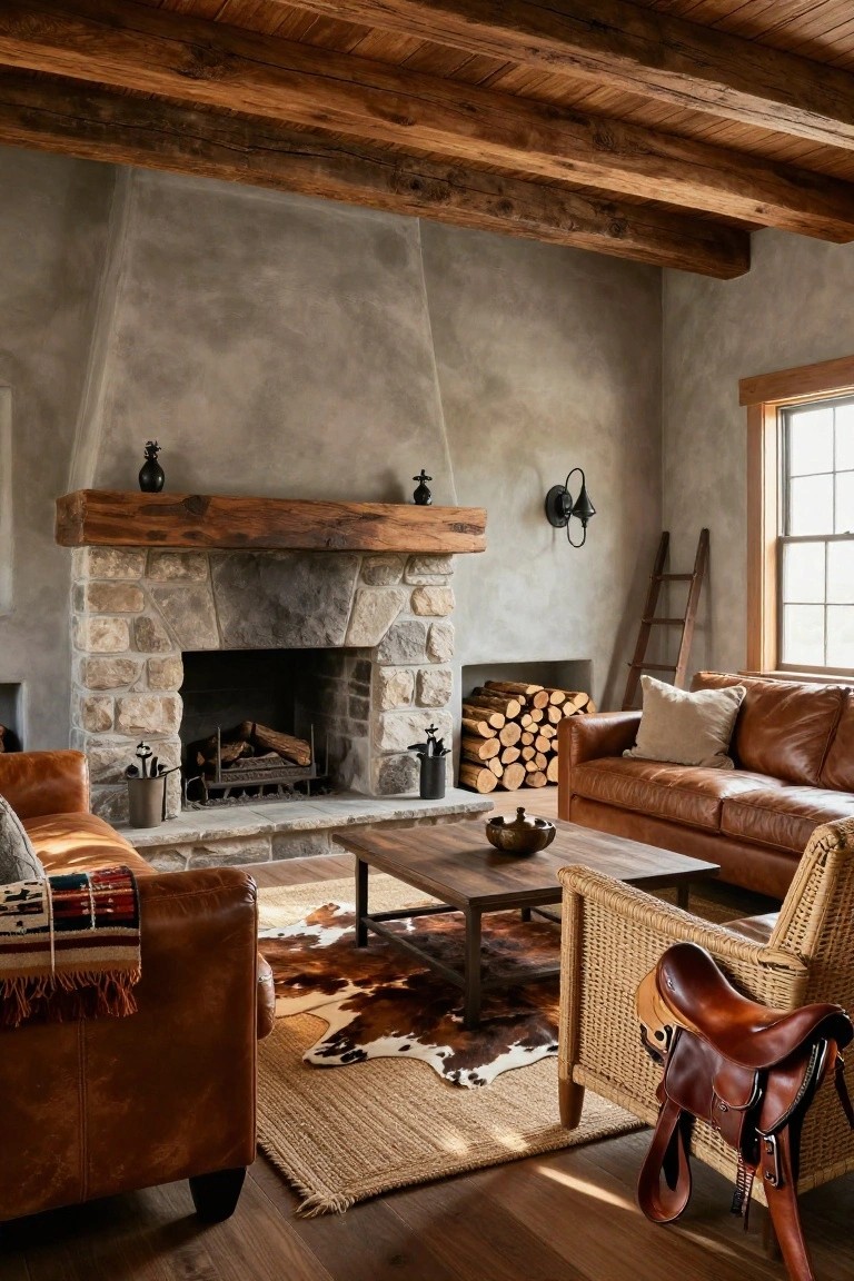 Living room with large gray stone fireplace under wooden beam mantel, tan leather sofas, cowhide rug, rattan chair with saddle, firewood stack, and wooden ceiling beams.