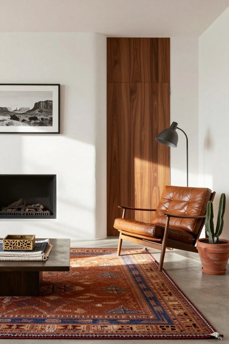 A minimalist white living room with tan tufted leather armchair on wooden frame, colorful patterned rug, potted tall cactus, low wooden coffee table, built-in fireplace, wooden accent wall, and black-and-white desert landscape photo.