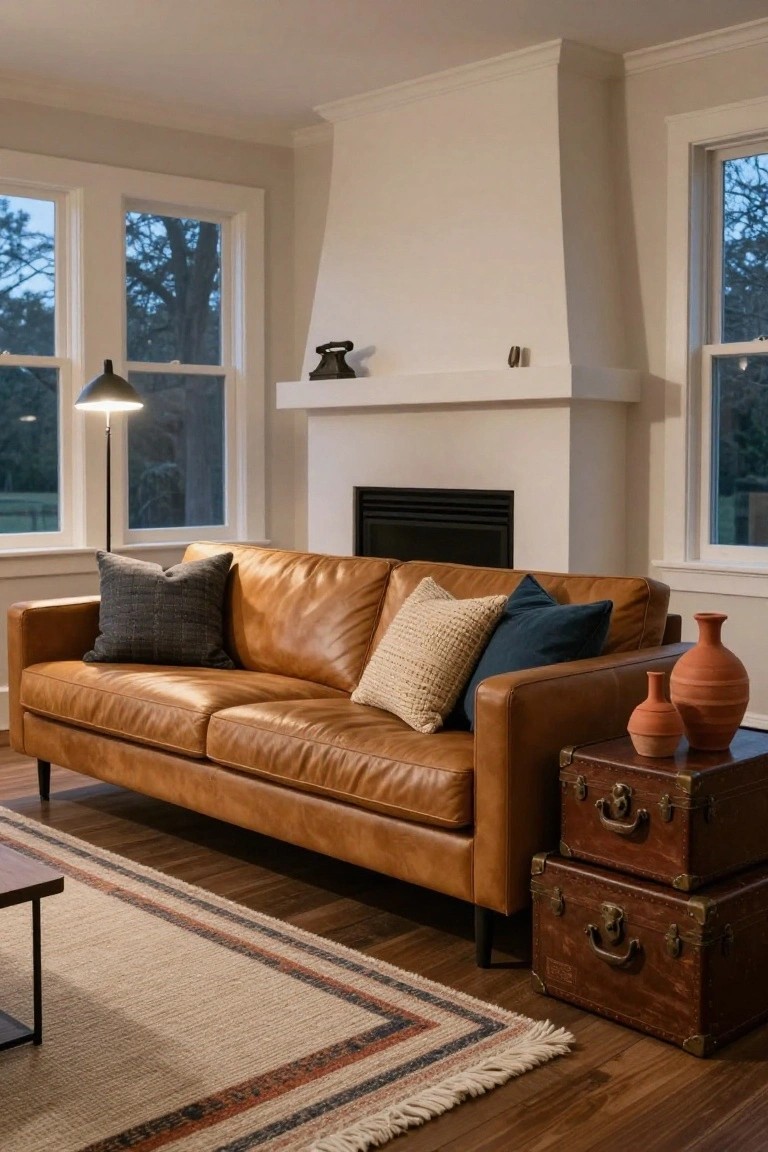 Tan leather sofa with assorted pillows in front of a white fireplace mantel holding an old phone, vintage suitcases stacked as side tables with terracotta vases, wood floor with woven rug, floor lamp, and large windows showing trees outside.