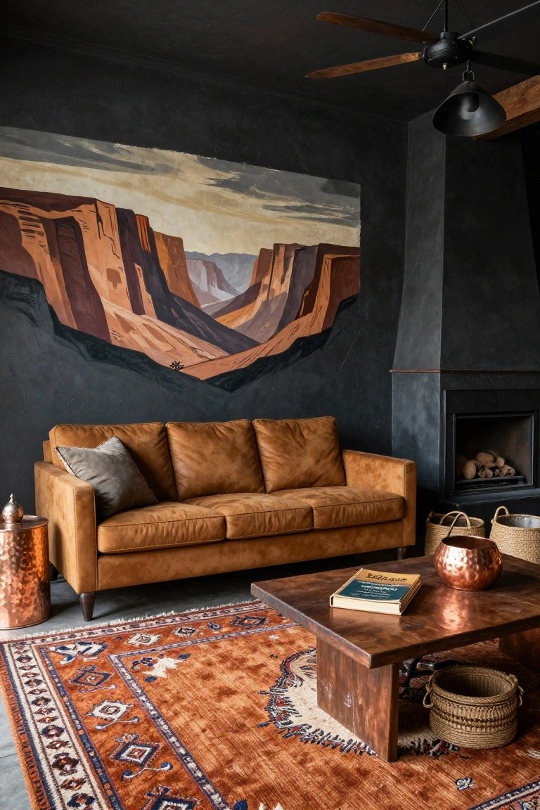 Living room with large wall mural of red rock canyons on dark textured wall, tan leather three-seat sofa with gray pillow, wooden coffee table holding book and copper pot, orange Persian rug, fireplace, copper side tables, woven baskets, and black ceiling fan.