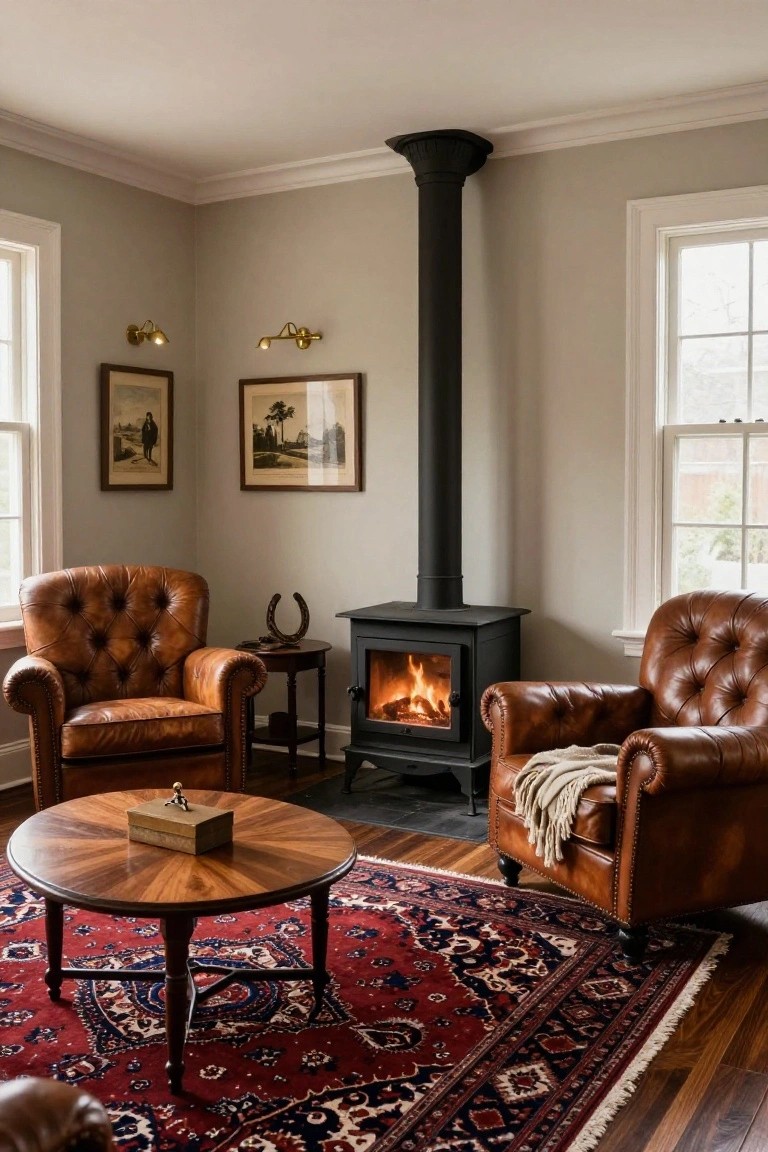 A cozy living room corner featuring a black cast-iron wood stove with burning fire, flanked by two tan tufted leather armchairs, a round wood-veneer table with a small box and horseshoe, on a red and blue Persian rug, neutral walls with equestrian framed prints, and tall windows.