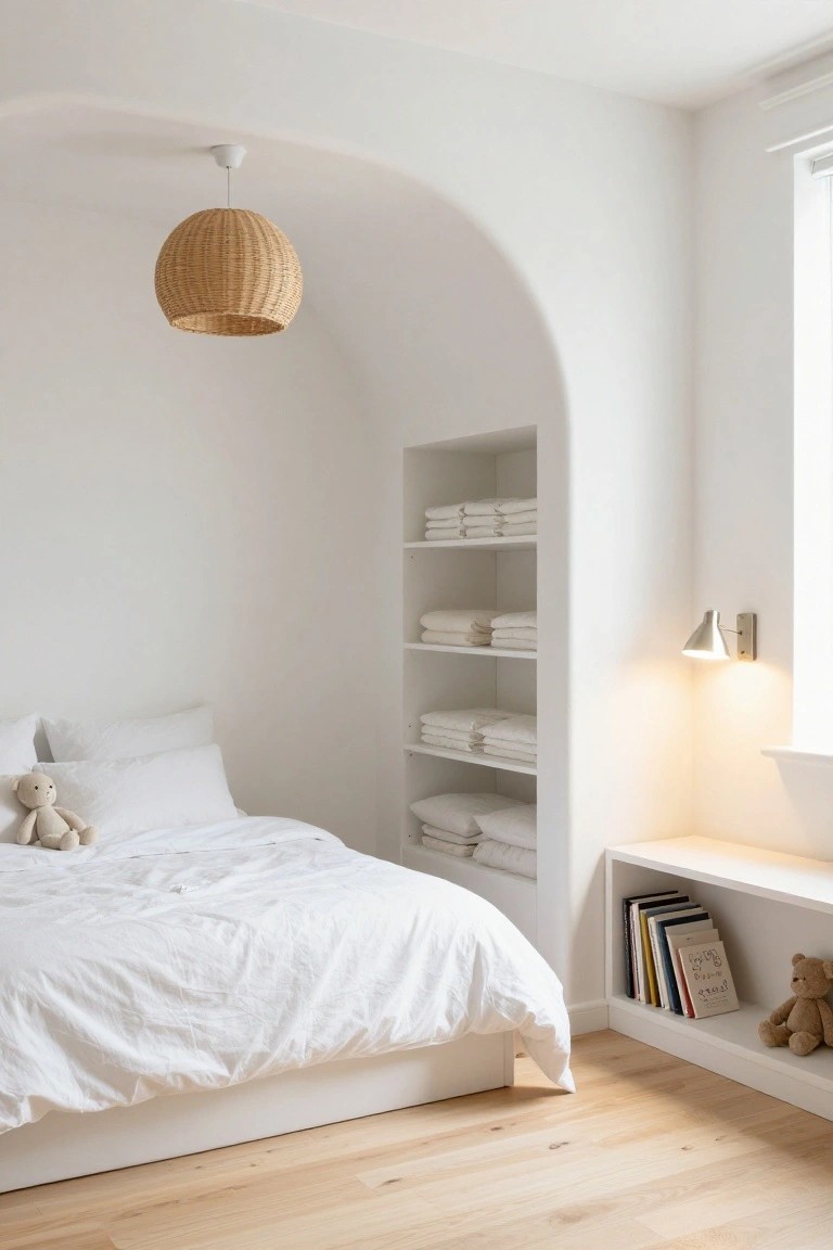 A white bedroom with a low platform bed, arched wall alcove containing open shelves stocked with folded white towels and sheets on upper shelves, books and teddy bears on lower shelves and bench, rattan pendant light overhead, wall sconce, and light wood floors.