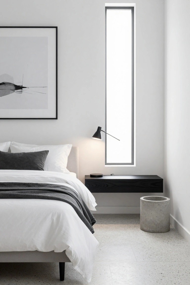 Minimalist bedroom with white bed and gray pillows and throw, black floating nightstand holding a black adjustable lamp, large black-framed abstract artwork on white wall, tall window, concrete cylinder pot, and polished concrete floor.